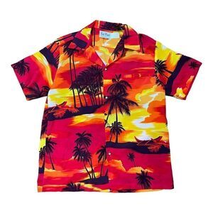 Vtg Rai Nani Hawaiian Shirt All Over Print Button Up Pocket Red Orange Sunset L